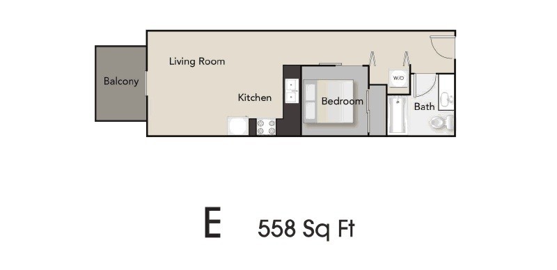 Floor plan for 1 bed, 1 bath, 558 sqft